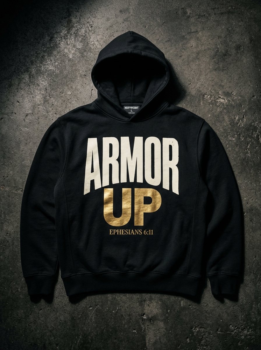 Armor Up Hoodie — matte black heavyweight hoodie flat on dark concrete, ARMOR UP printed in bone white with UP in gold, Ephesians 6:11 beneath